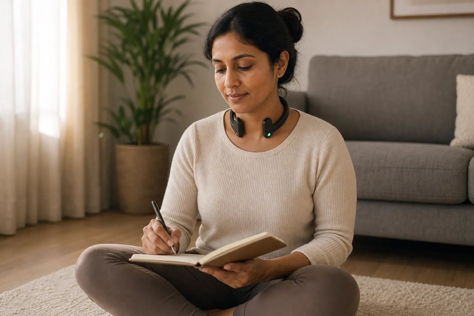 Woman journaling at home with Pulsetto as a thoughtful stress relief gift idea