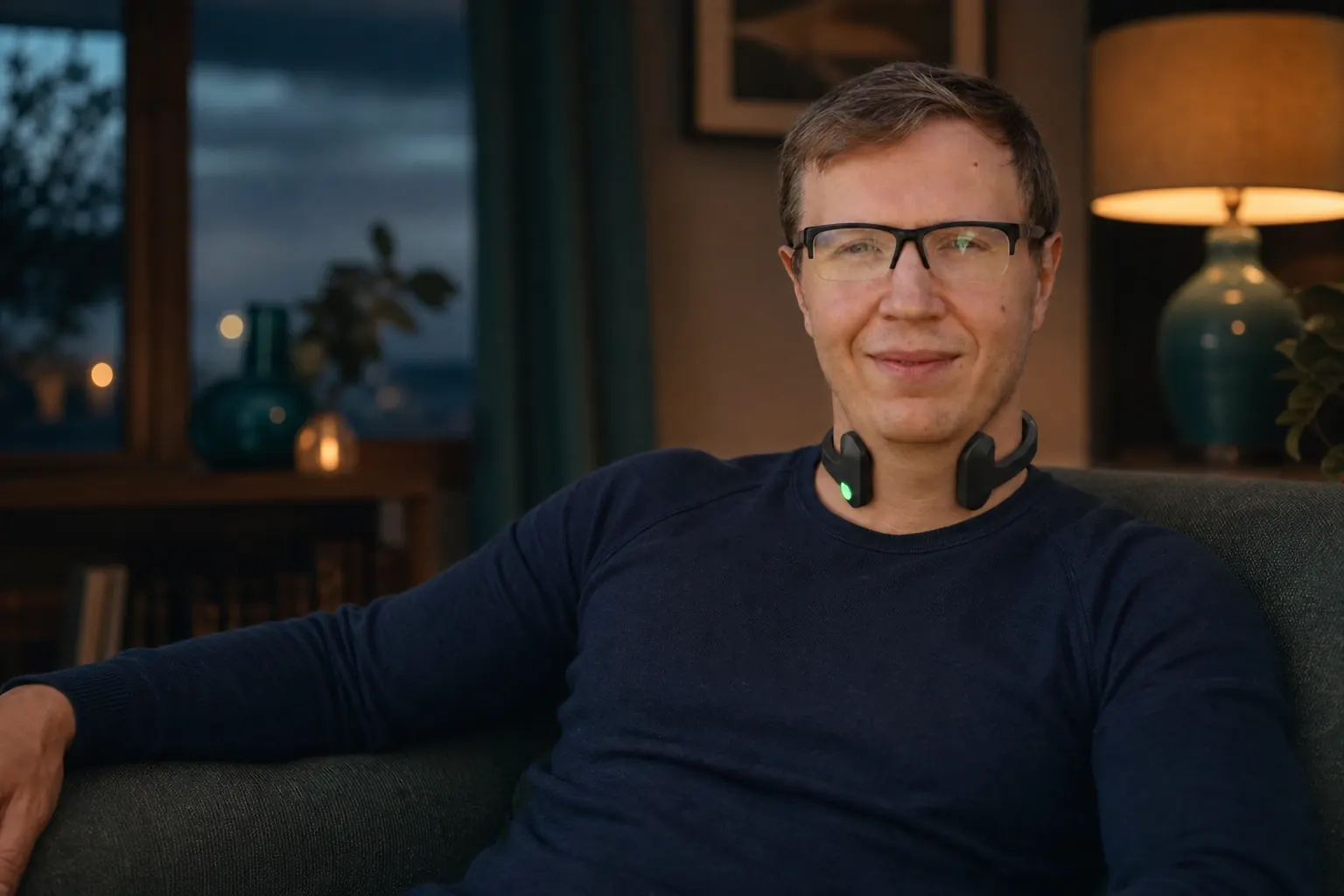 Man relaxing at home wearing Pulsetto compared with Amofit S wearable options